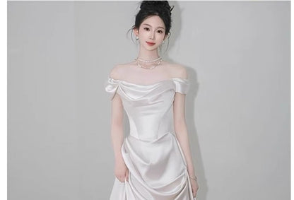 Off Shoulder Trained A-Line Wedding Gown