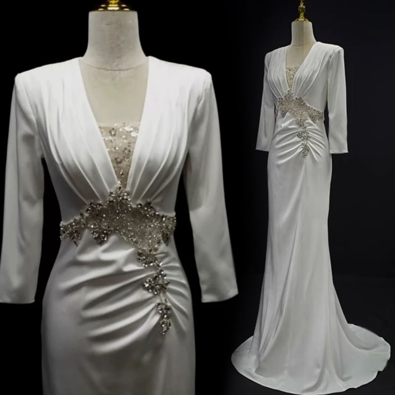 3/4-Sleeve V-Neck Trained Sheath Evening Gown