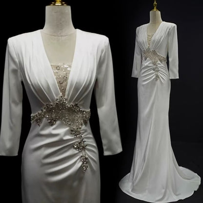 3/4-Sleeve V-Neck Trained Sheath Evening Gown
