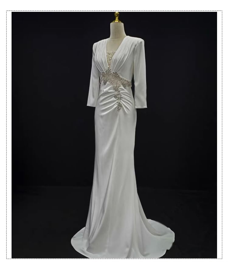 3/4-Sleeve V-Neck Trained Sheath Evening Gown