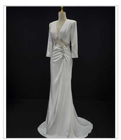 3/4-Sleeve V-Neck Trained Sheath Evening Gown