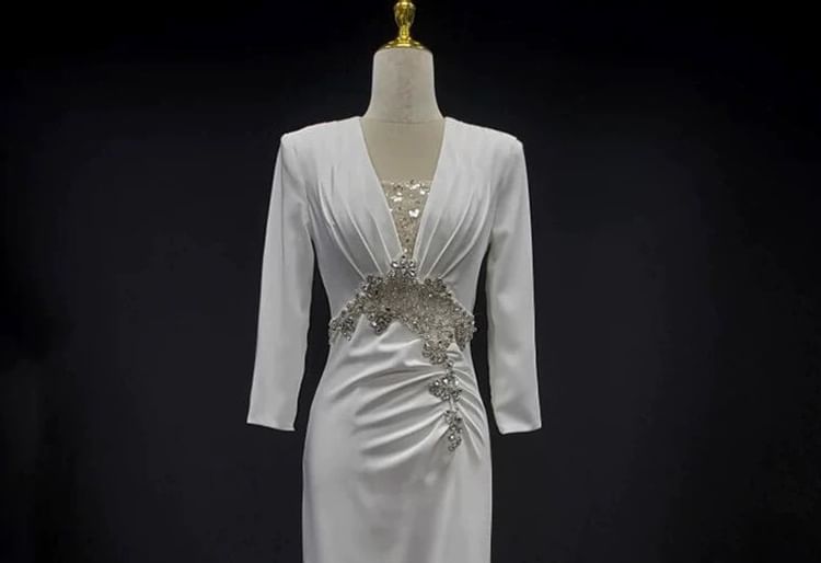 3/4-Sleeve V-Neck Trained Sheath Evening Gown