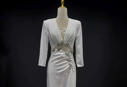 3/4-Sleeve V-Neck Trained Sheath Evening Gown