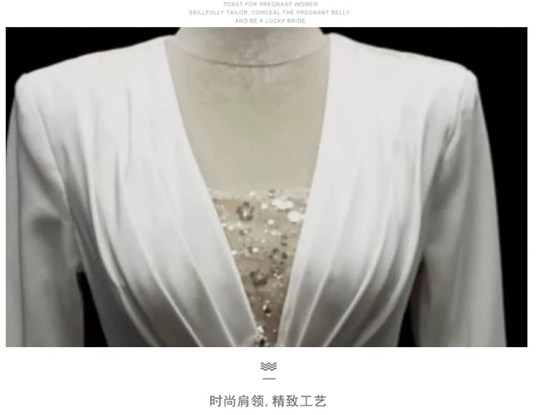 3/4-Sleeve V-Neck Trained Sheath Evening Gown