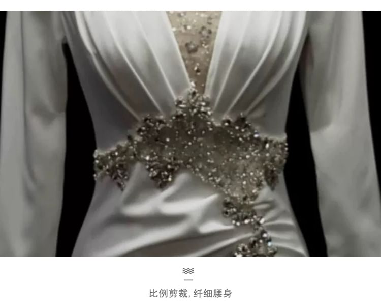 3/4-Sleeve V-Neck Trained Sheath Evening Gown