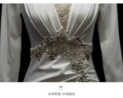 3/4-Sleeve V-Neck Trained Sheath Evening Gown