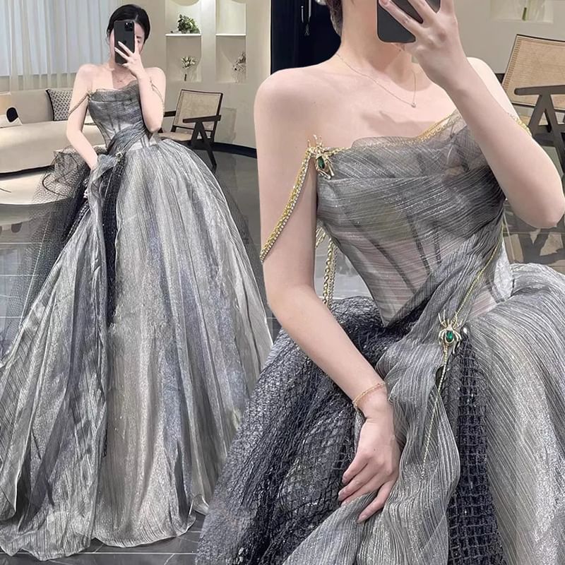 Spaghetti Strap Sheer A-Line Evening Ball Gown
