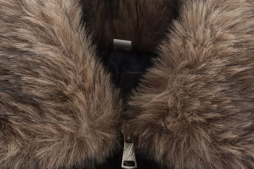 Collared Faux Fur Panel Faux Leather Zip Jacket