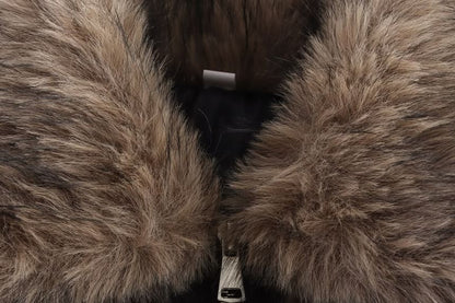 Collared Faux Fur Panel Faux Leather Zip Jacket