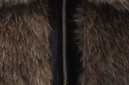 Collared Faux Fur Panel Faux Leather Zip Jacket