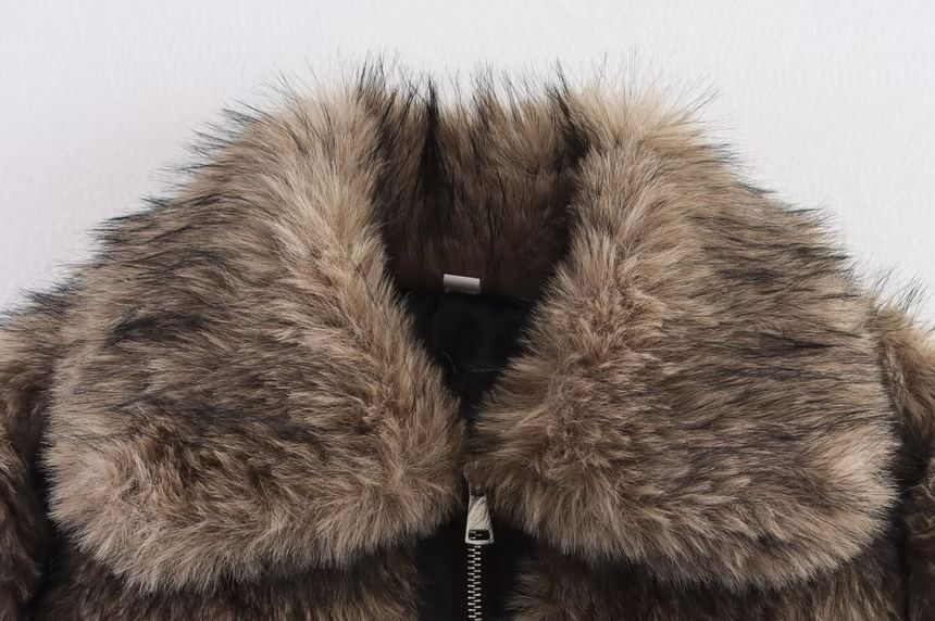 Collared Faux Fur Panel Faux Leather Zip Jacket