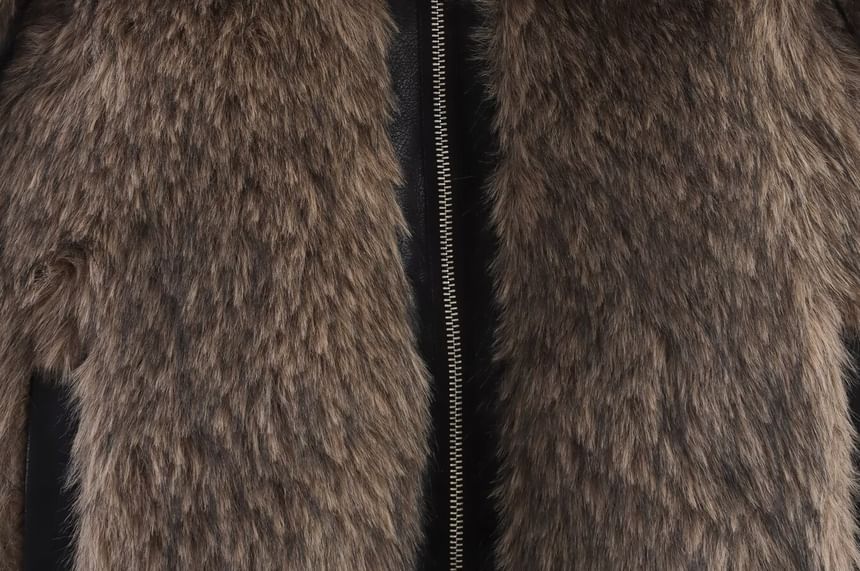 Collared Faux Fur Panel Faux Leather Zip Jacket