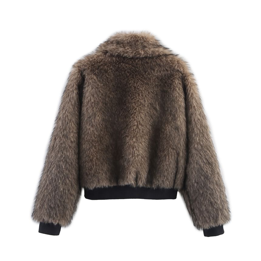 Collared Faux Fur Panel Faux Leather Zip Jacket