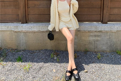 Ribbed Knit Halter Top Pointelle Cardigan Shorts Set