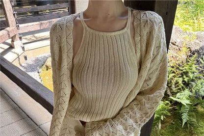 Ribbed Knit Halter Top Pointelle Cardigan Shorts Set