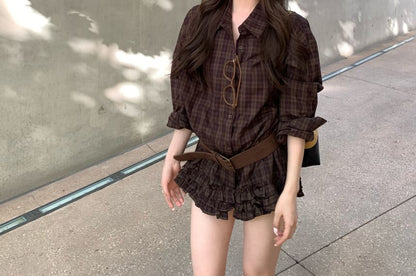 Ruffled Plaid Long Sleeve Button Shirt