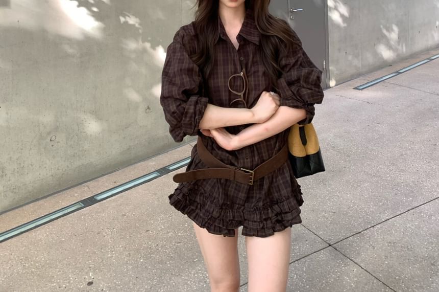 Ruffled Plaid Long Sleeve Button Shirt