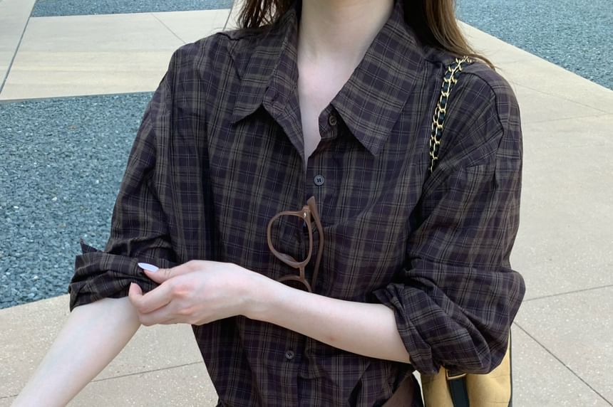 Ruffled Plaid Long Sleeve Button Shirt