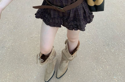 Ruffled Plaid Long Sleeve Button Shirt