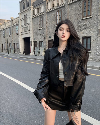 Faux Leather Jacket & Mini H-Line Skirt