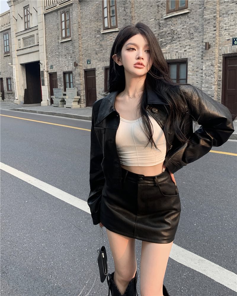 Faux Leather Jacket & Mini H-Line Skirt