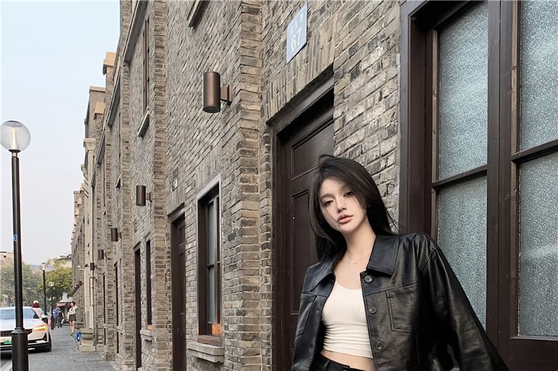 Faux Leather Jacket & Mini H-Line Skirt