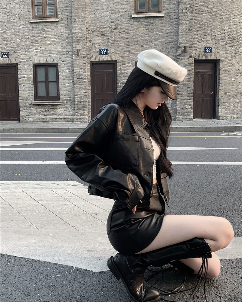 Faux Leather Jacket & Mini H-Line Skirt