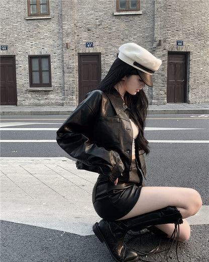 Faux Leather Jacket & Mini H-Line Skirt