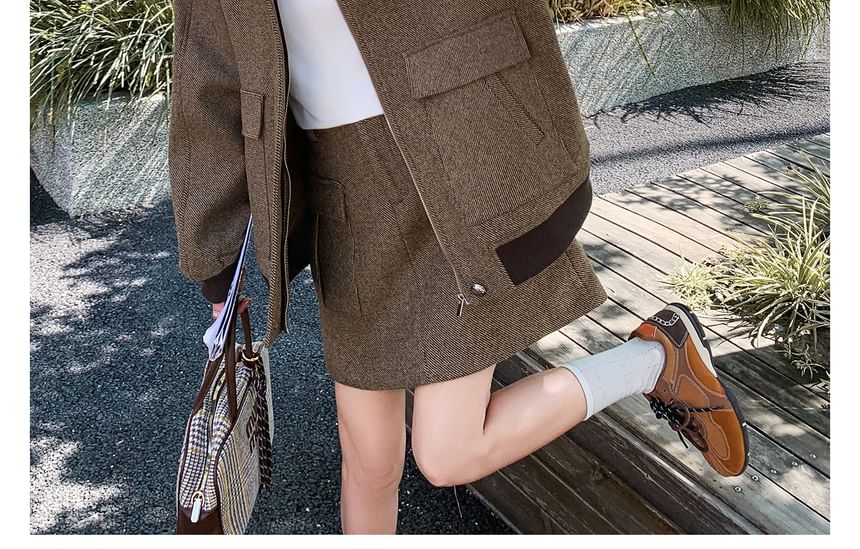 Contrast Trim Zip-Up Jacket + Mini A-Line Skirt Set