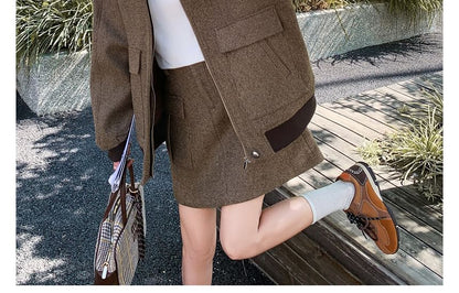 Contrast Trim Zip-Up Jacket + Mini A-Line Skirt Set