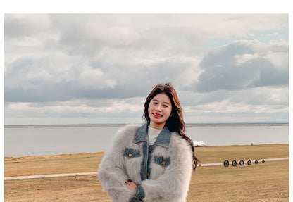 Collared Denim Panel Fluffy Button-Up Jacket