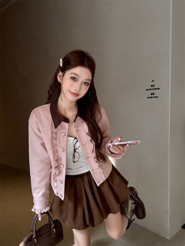 Contrast Collar Ruffle Faux Suede Jacket + Bubble Hem Mini Skirt