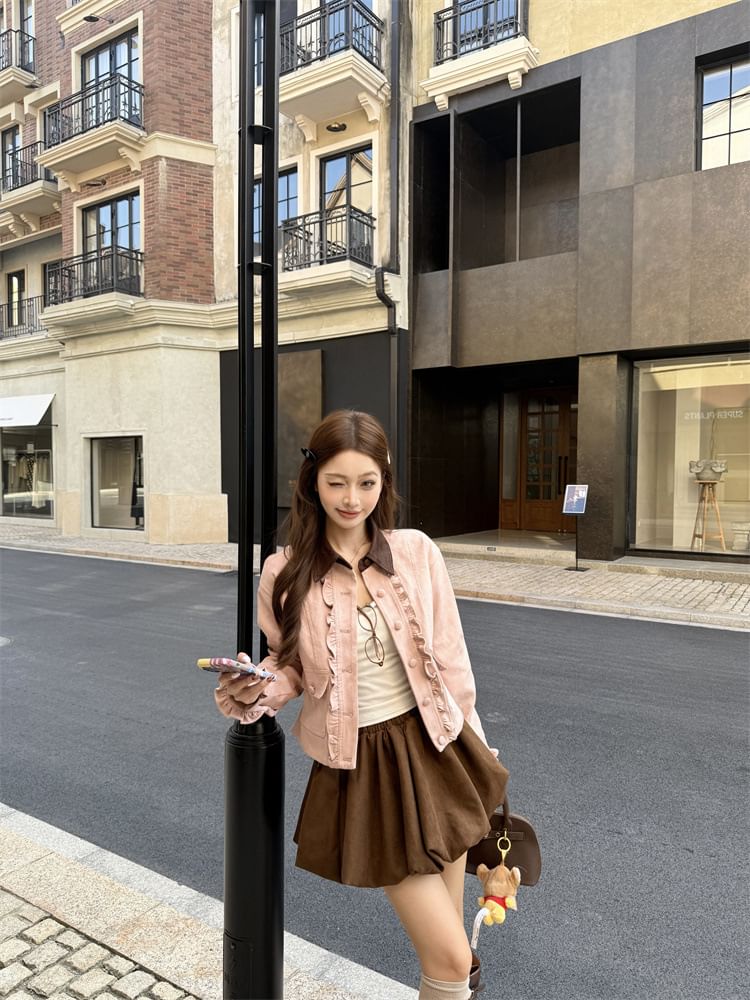 Contrast Collar Ruffle Faux Suede Jacket + Bubble Hem Mini Skirt