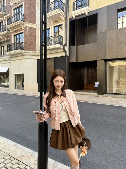 Contrast Collar Ruffle Faux Suede Jacket + Bubble Hem Mini Skirt