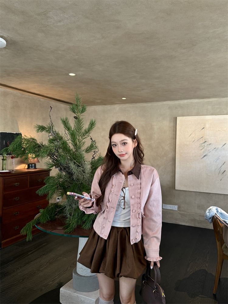 Contrast Collar Ruffle Faux Suede Jacket + Bubble Hem Mini Skirt
