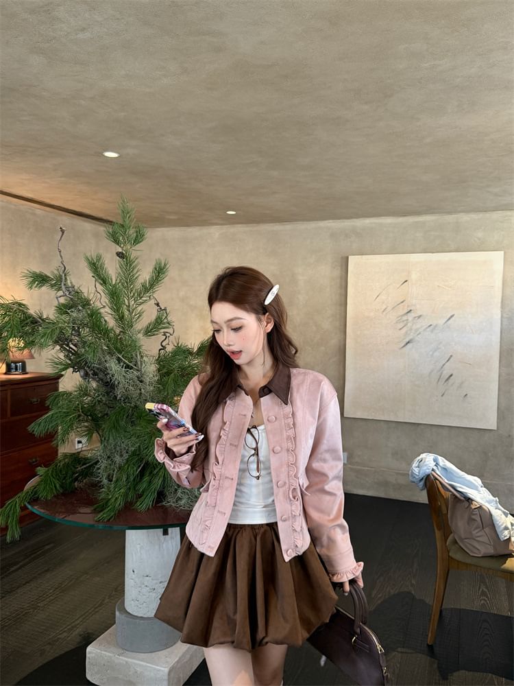 Contrast Collar Ruffle Faux Suede Jacket + Bubble Hem Mini Skirt