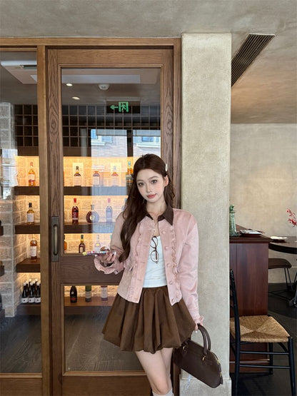 Contrast Collar Ruffle Faux Suede Jacket + Bubble Hem Mini Skirt