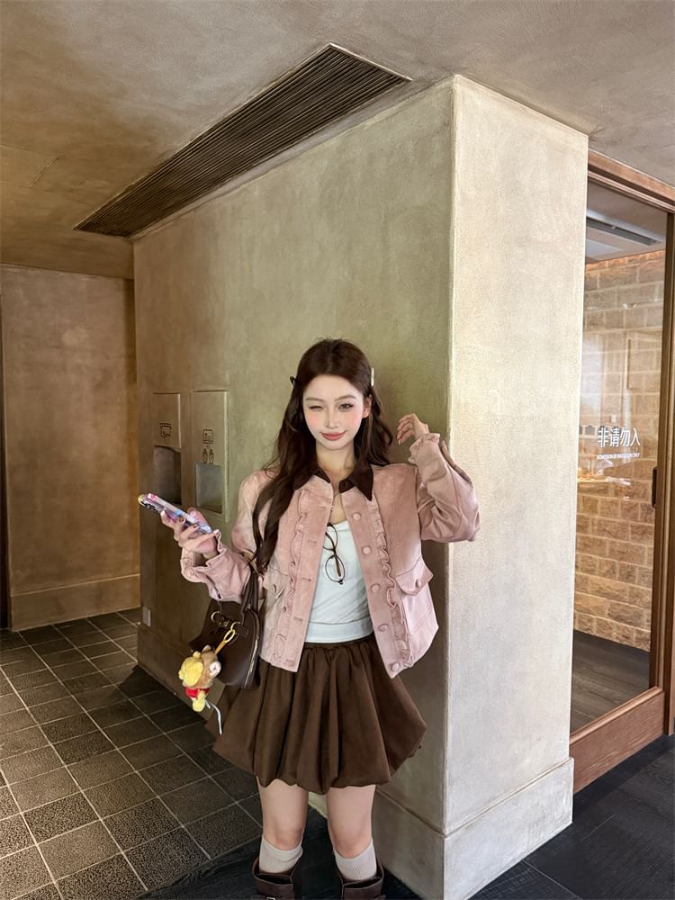 Contrast Collar Ruffle Faux Suede Jacket + Bubble Hem Mini Skirt