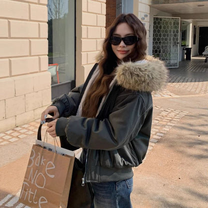 Fluffy Hooded Plain Bomber Jacket