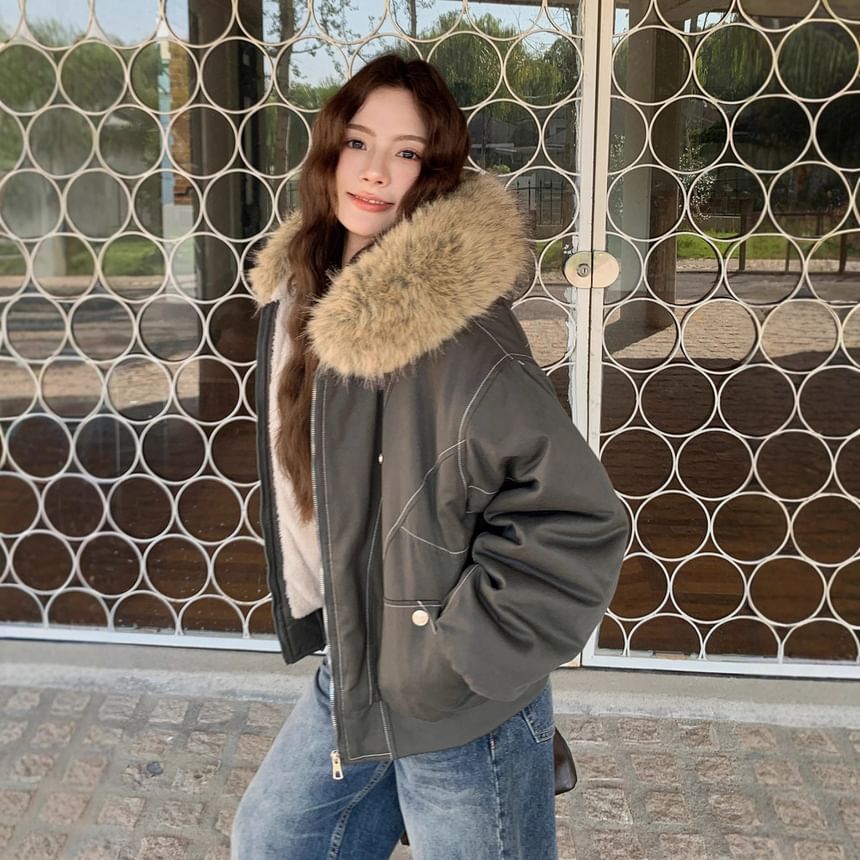 Fluffy Hooded Plain Bomber Jacket
