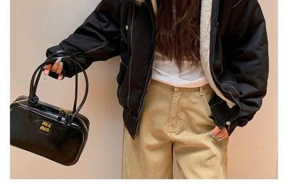 Fluffy Hooded Plain Bomber Jacket