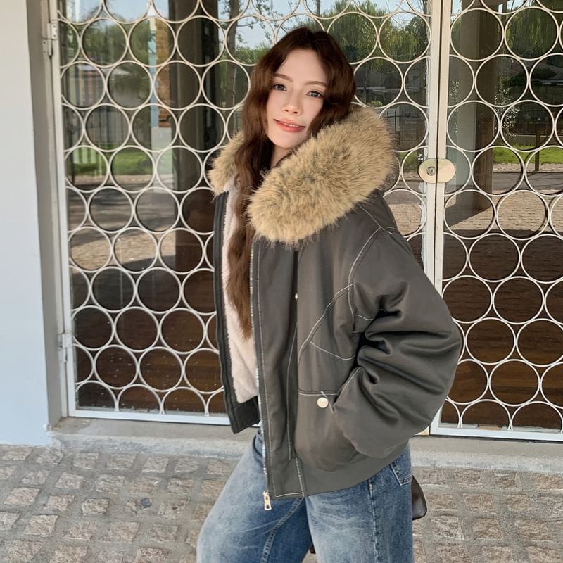 Fluffy Hooded Plain Bomber Jacket