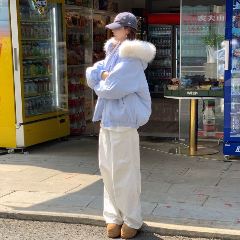 Fluffy Hooded Plain Puffer Bomber Jacket