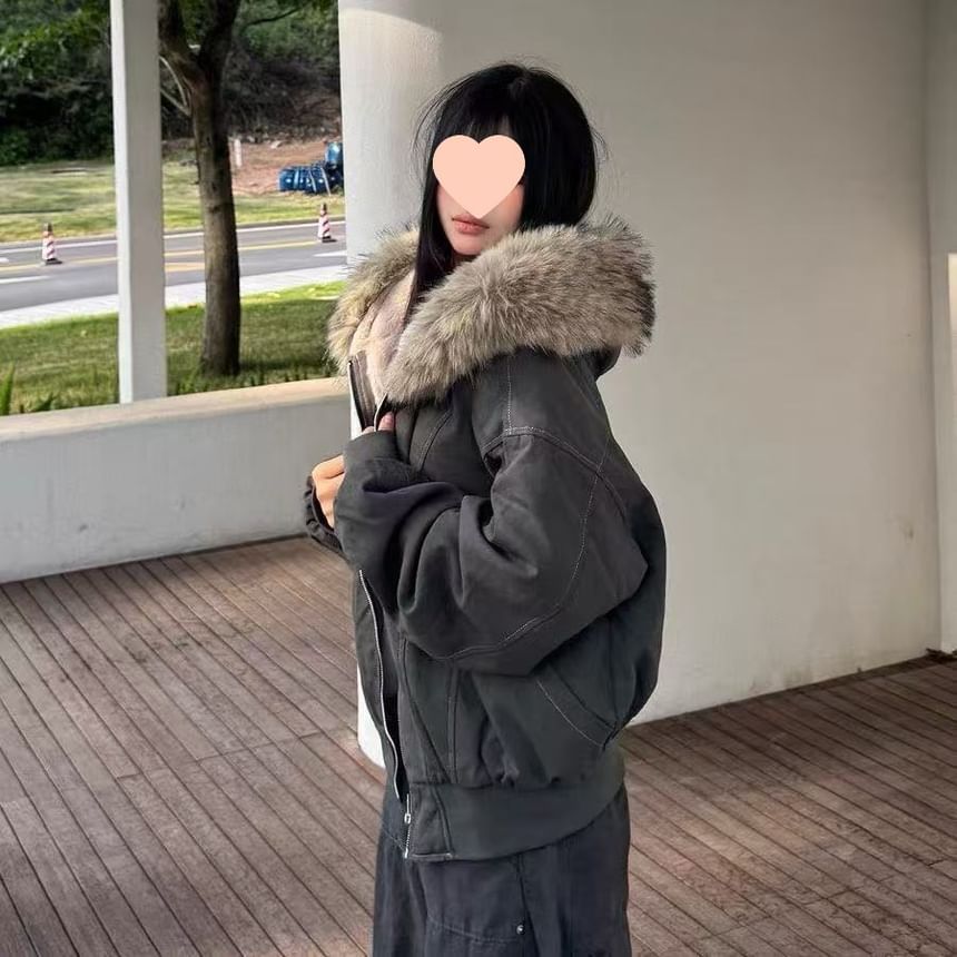 Fluffy Hooded Plain Bomber Jacket