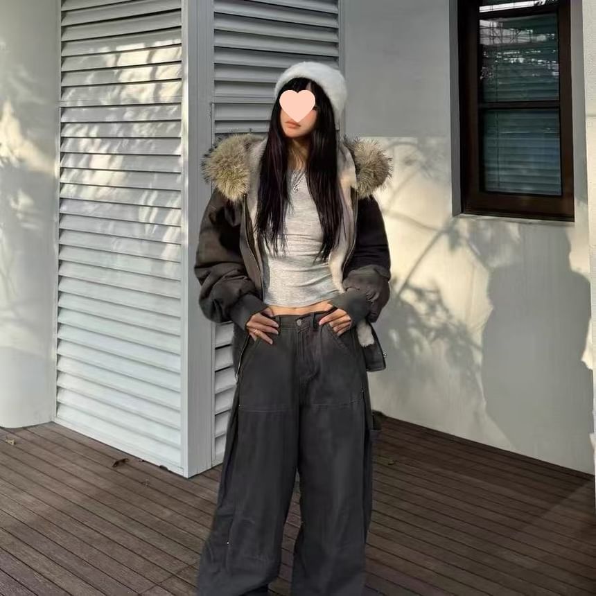 Fluffy Hooded Plain Bomber Jacket