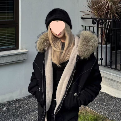 Fluffy Hooded Plain Bomber Jacket