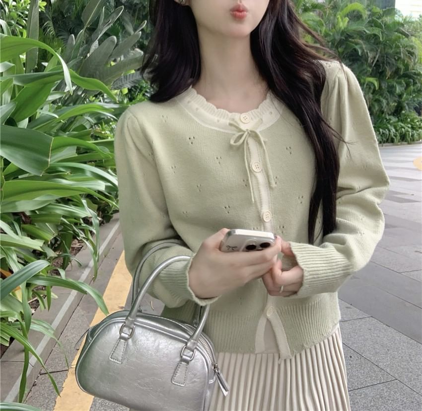 Round Neck Two Tone Pointelle Cardigan