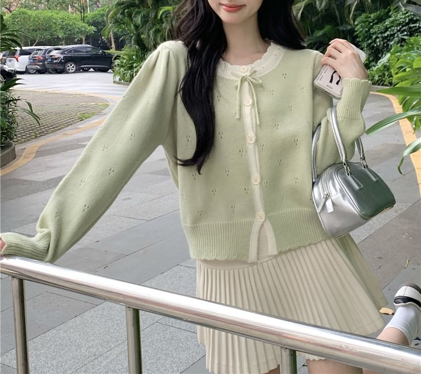 Round Neck Two Tone Pointelle Cardigan