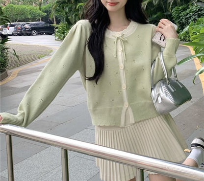 Round Neck Two Tone Pointelle Cardigan