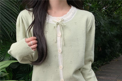 Round Neck Two Tone Pointelle Cardigan